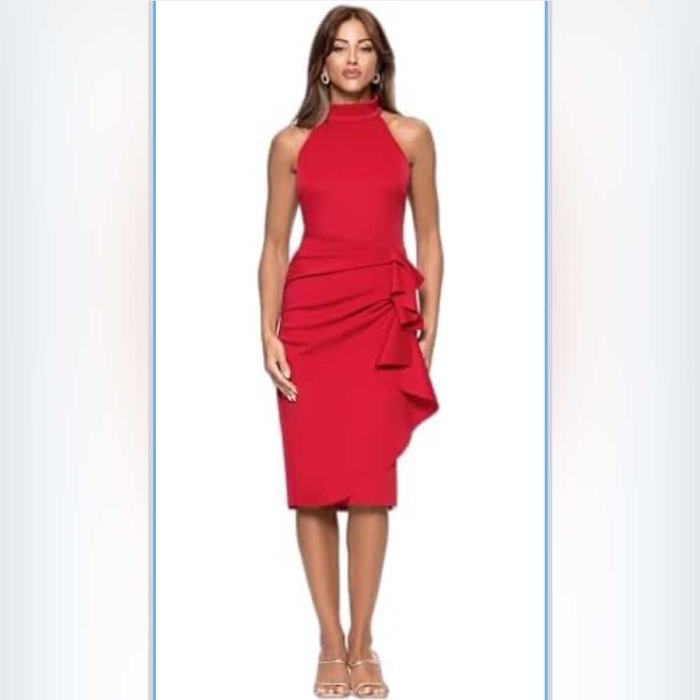 Xscape Red One-Shoulder Ruffle Sheath Dress